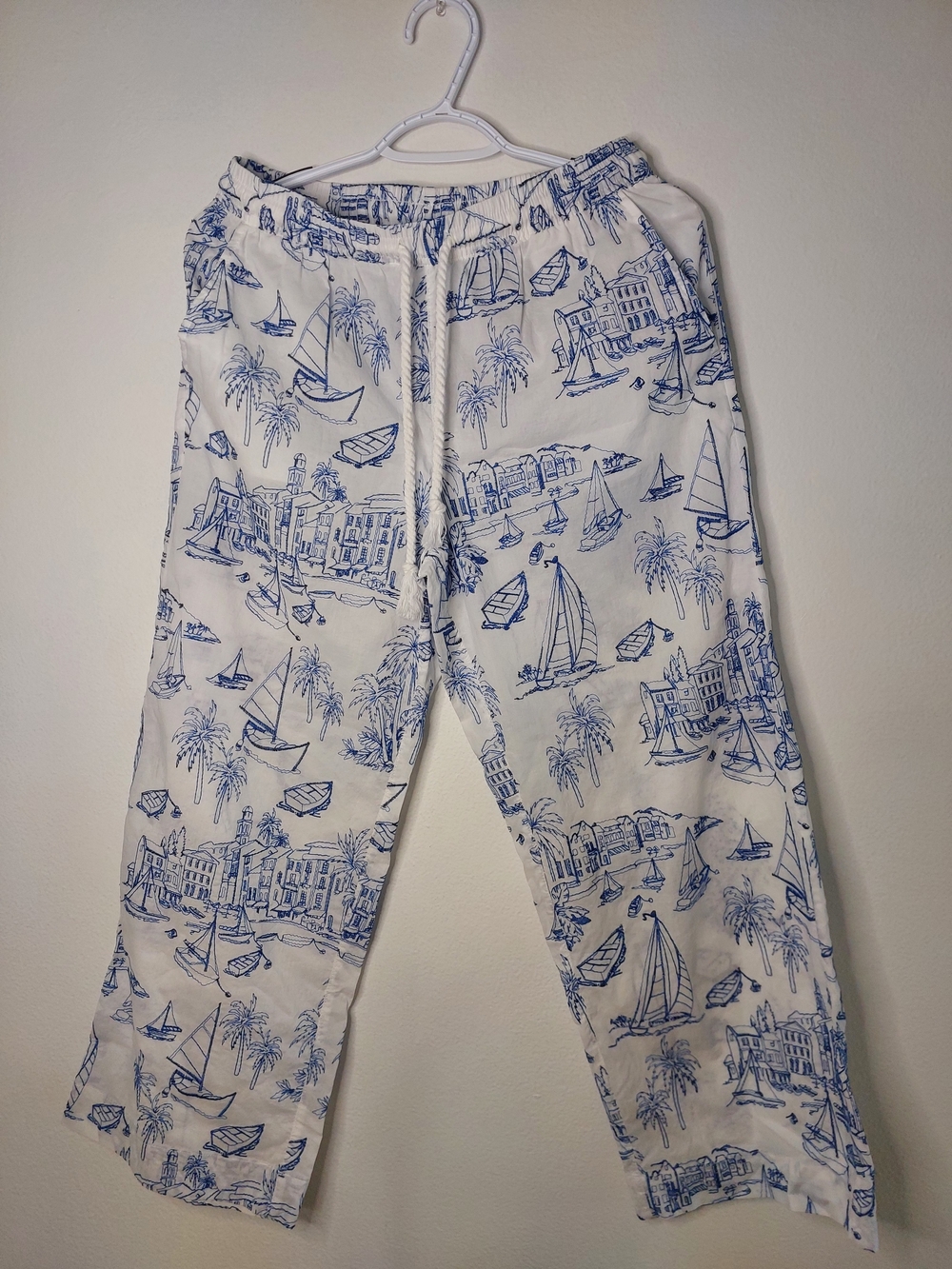 Cynthia Rowley Coastal Toile Sailboat Print Pull-On Pants
